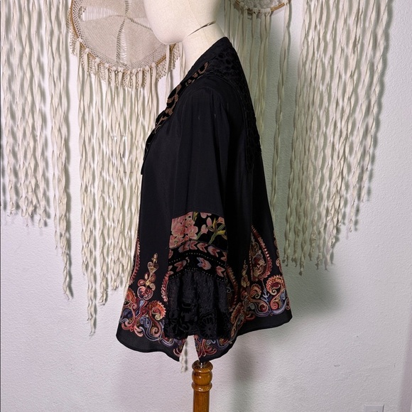 John Mark Burnout Floral Velvet Split Neck Long Sleeve Boho Embroidered Blouse M - Picture 8 of 10